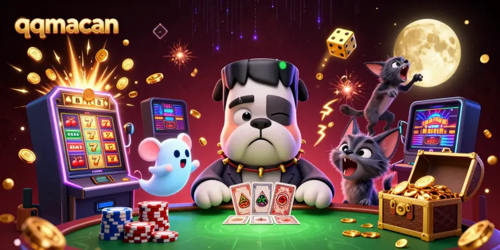 Engage in thrilling games with qqmacan at a vibrant casino featuring lively characters and jackpot excitement.