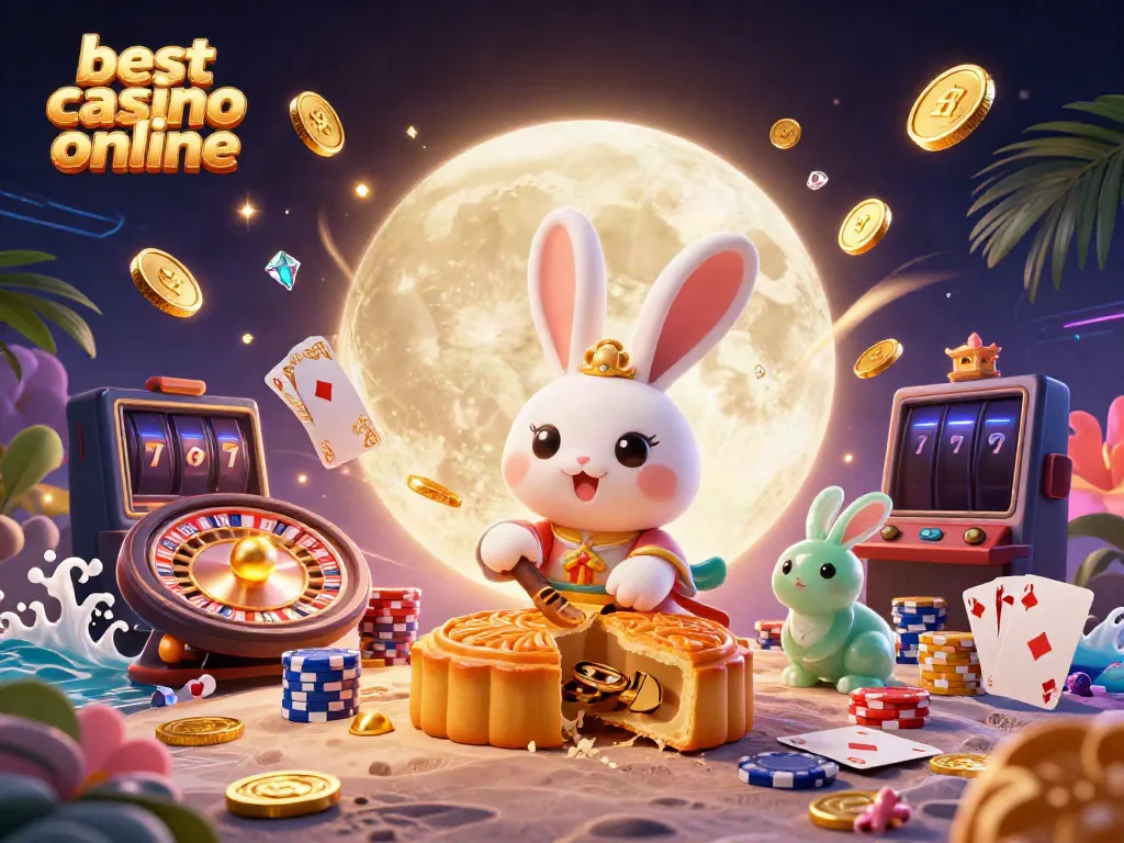 Experience the thrill of the best casino online with a vibrant 3D scene featuring moon rabbits and casino games.