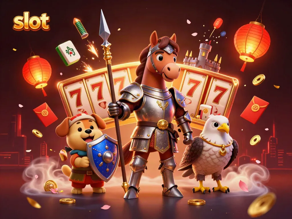 Gambarkan slot dengan kesatria, pelayan, dan falcon dalam suasana kasino yang semarak.