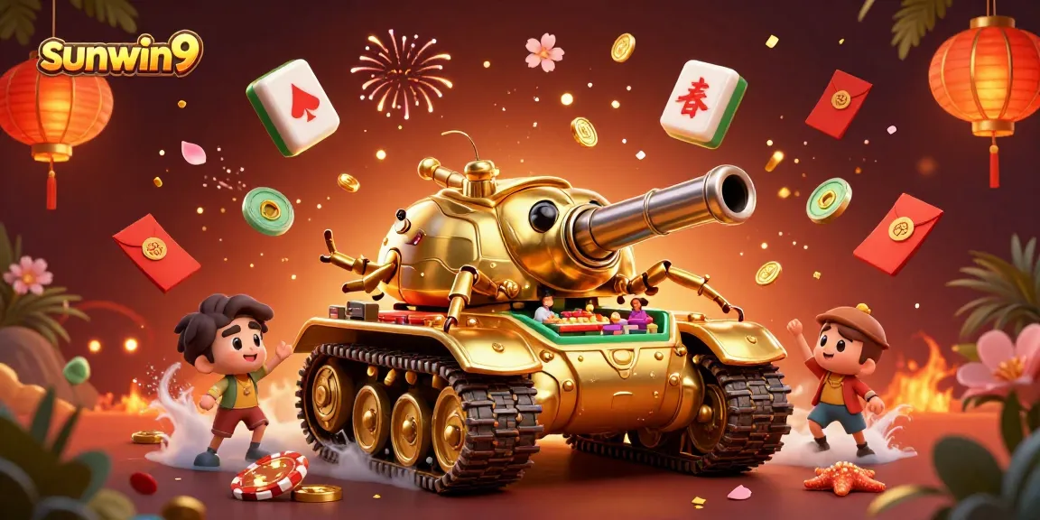 Experience the vibrant action of sunwin9 with a dynamic casino-themed 3D illustration featuring a golden beetle tank.