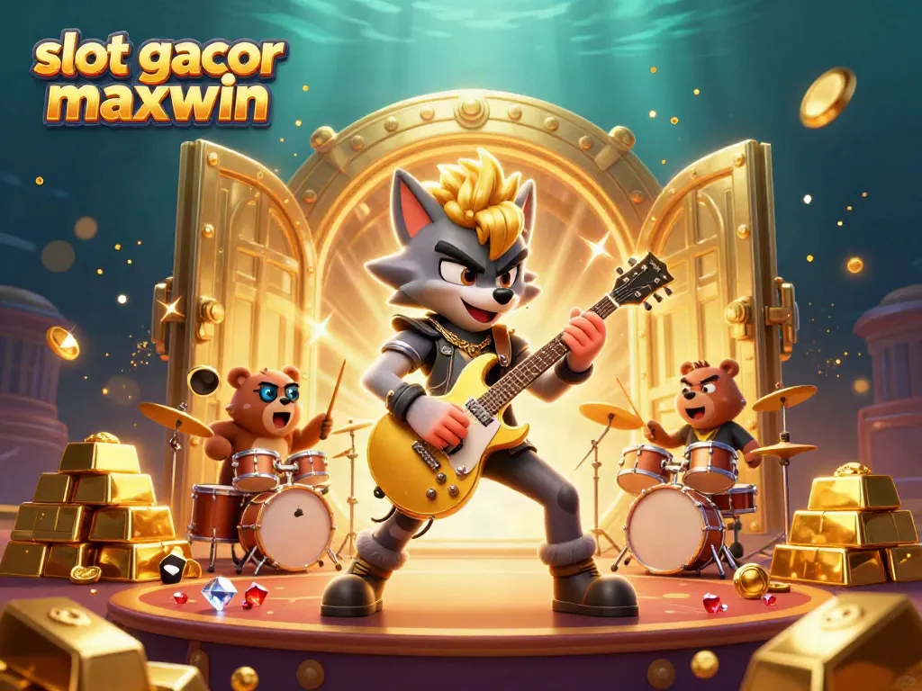 Experience slot gacor maxwin with this vibrant, dynamic digital casino stage featuring animated characters and treasures.