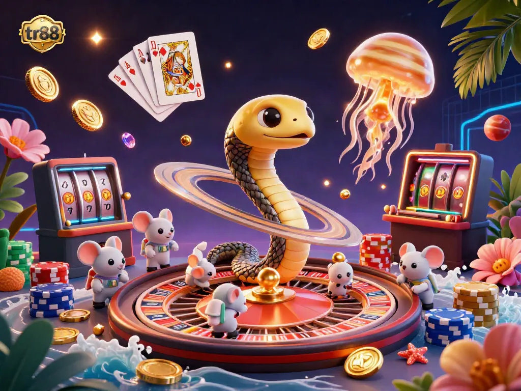 Experience the thrilling casino atmosphere of tr88 with astronaut mice betting on a cosmic roulette wheel.