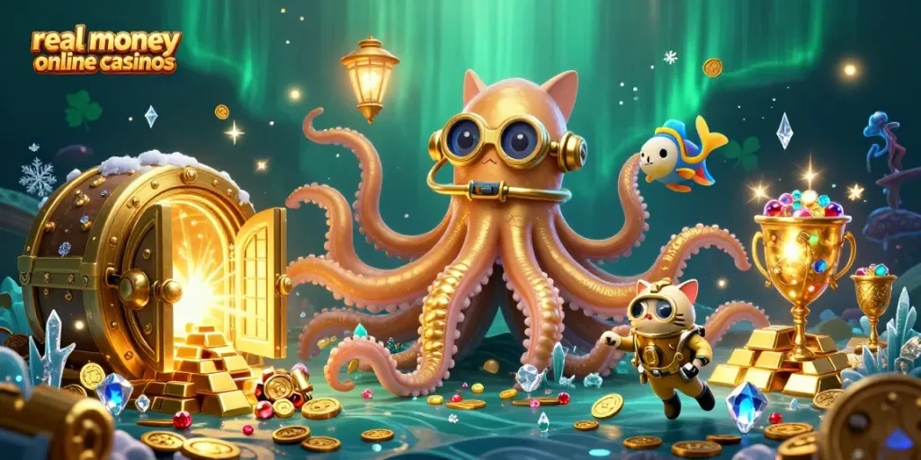 Play real money online casinos with an exciting underwater theme featuring a kraken and diving cat.