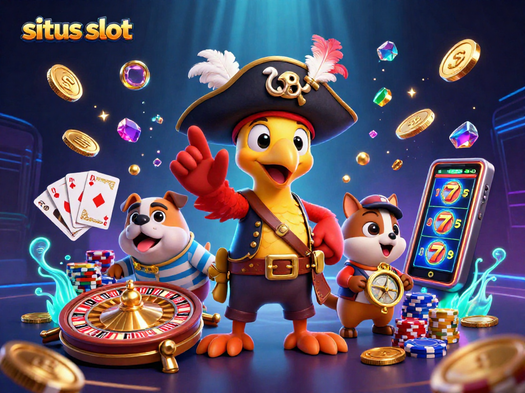 Join the excitement in this situs slot scene with a pirate captain parrot, a bulldog, and a cat, surrounded by casino elements.