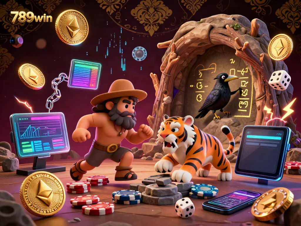 Experience excitement at 789win with a caveman duo managing a prehistoric casino filled with vibrant cryptocurrency elements.