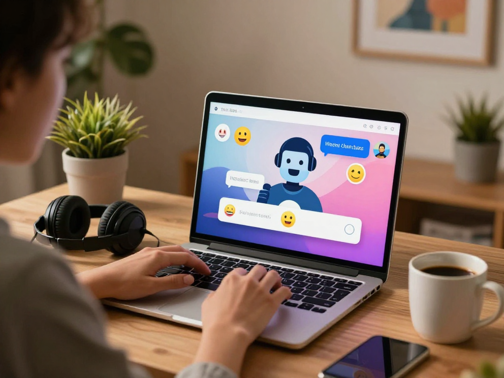 Hentai chat interaction on a laptop screen with vibrant emojis and cozy workspace.