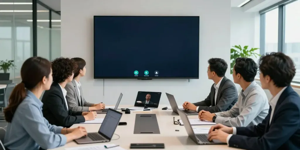 Deepfake free meetings with a diverse team collaborating in a modern office setting.
