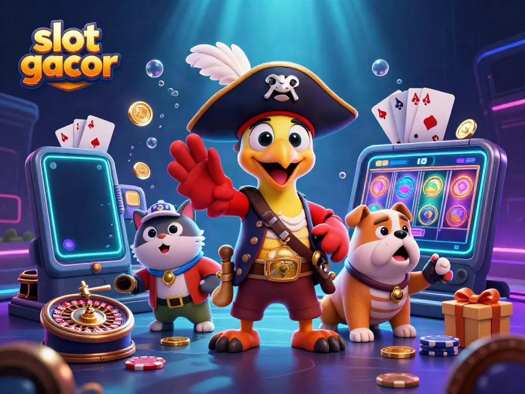 Slot gacor memperlihatkan karakter pelaut 3D dengan elemen permainan kasino di sekitarnya.
