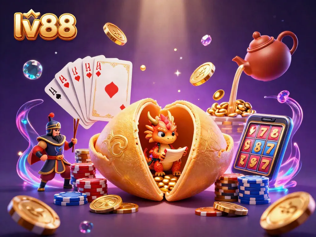 Engage with lv88's vibrant casino scene showcasing a lucky fortune cookie, dragon, and golden treasures.