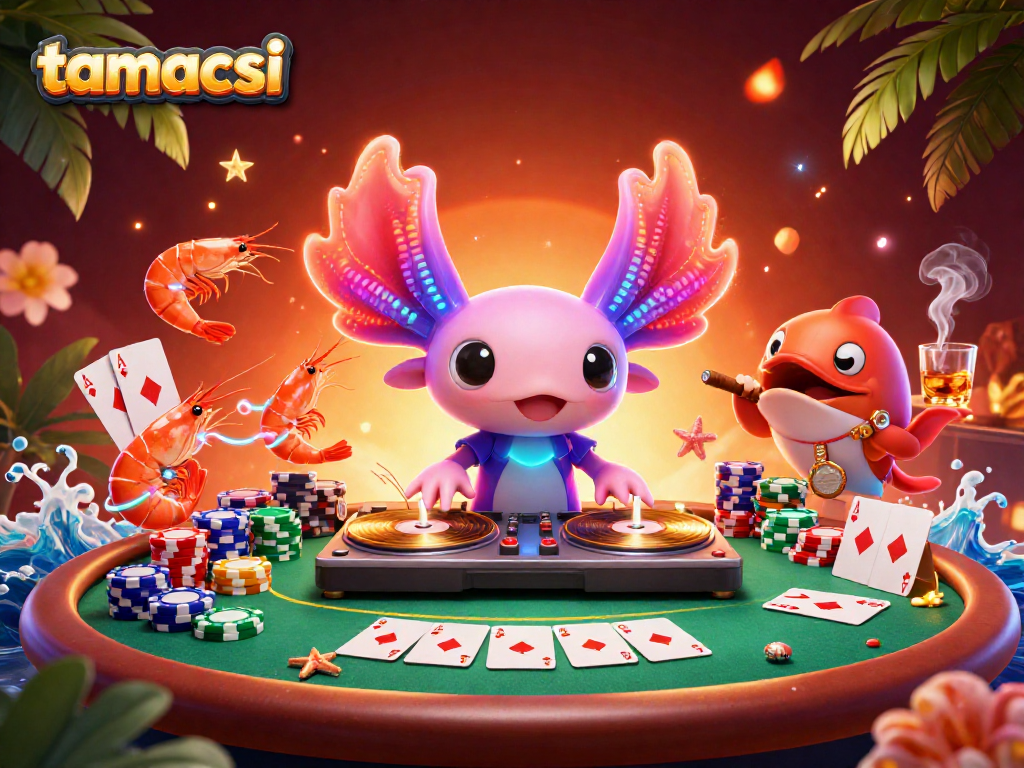 Engage with tamacsi's vibrant gaming scene featuring a neon axolotl DJ spinning records among lively marine characters.