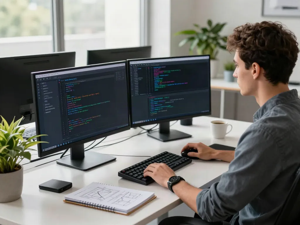 v2rayN官网 developer workspace with coding and interface design elements in a modern office.