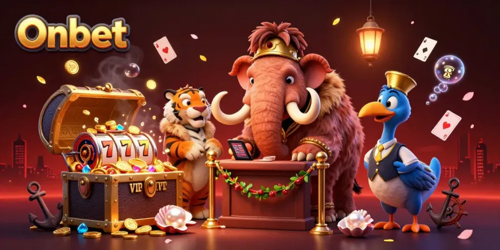 Experience excitement at Onbet with a woolly mammoth bouncer and VIP saber-tooth tiger in a vibrant casino.