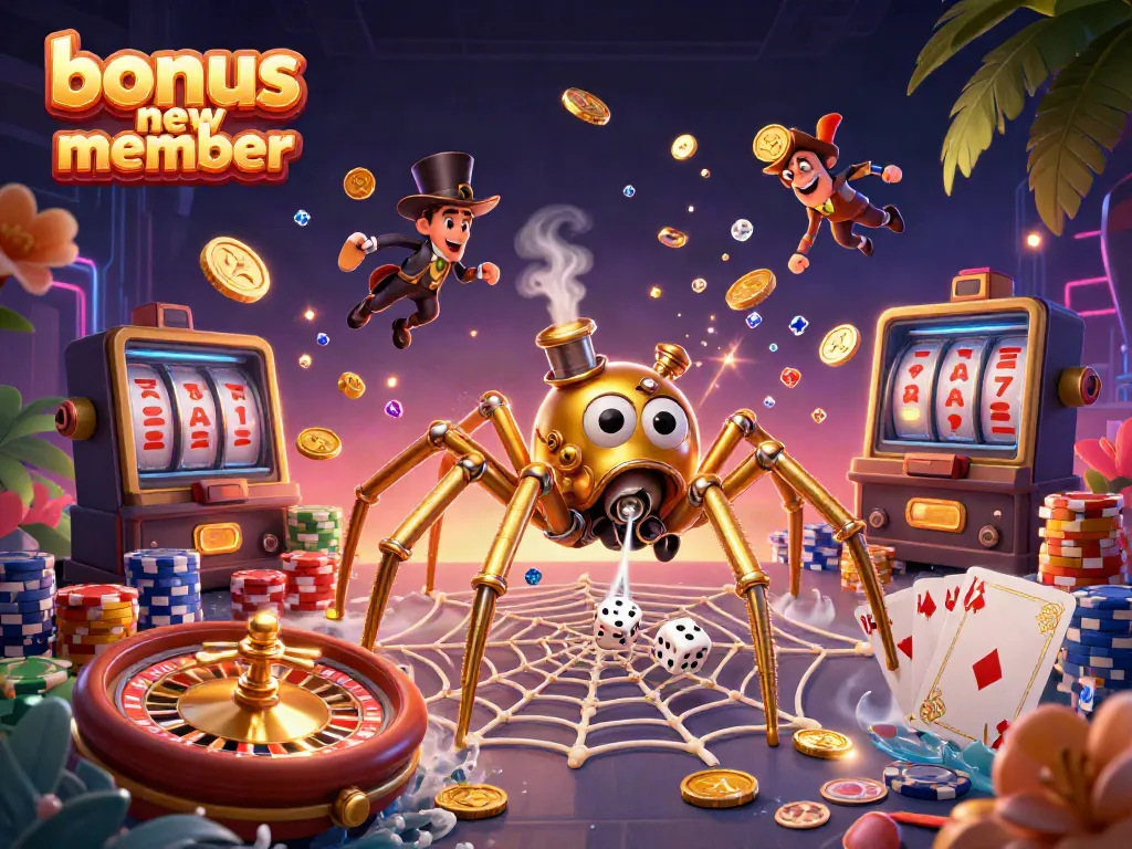 Catch the excitement of 'bonus new member' with a vibrant 3D illustration featuring golden casino elements.
