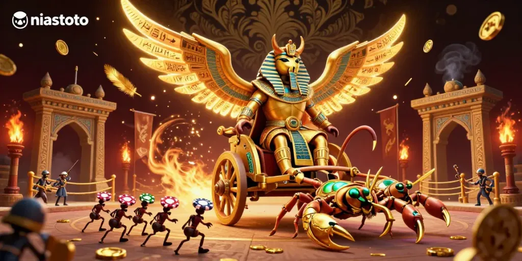 Experience niastoto with a striking 3D illustration of a golden scarab racing in a vibrant casino arena.