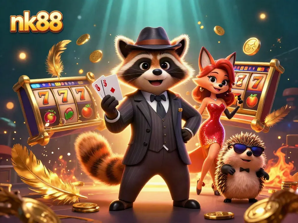Experience the thrill of nk88 with suave characters celebrating a royal flush and jackpot wins.