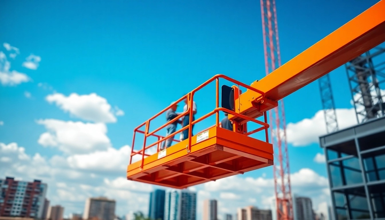 Workers operating a cherry picker at a construction site, showcasing safety and efficiency in high-reach tasks.