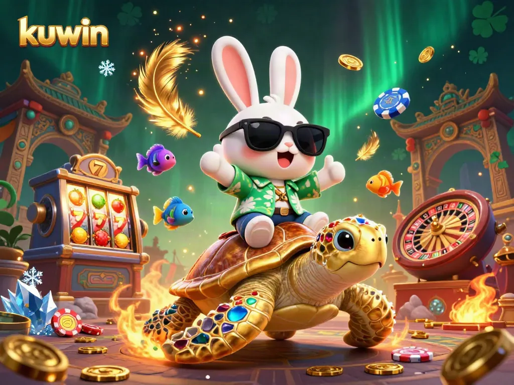 Kuwin promotes winning strategies at vibrant slot machines and roulette wheels in an engaging casino scene.