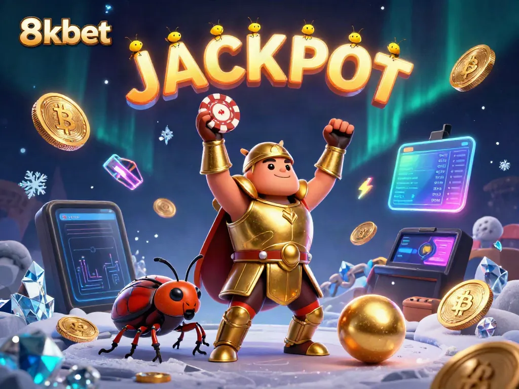 Experience the thrill of 8xbet as a hercules beetle wins with a jackpot poker chip in a vibrant casino scene.