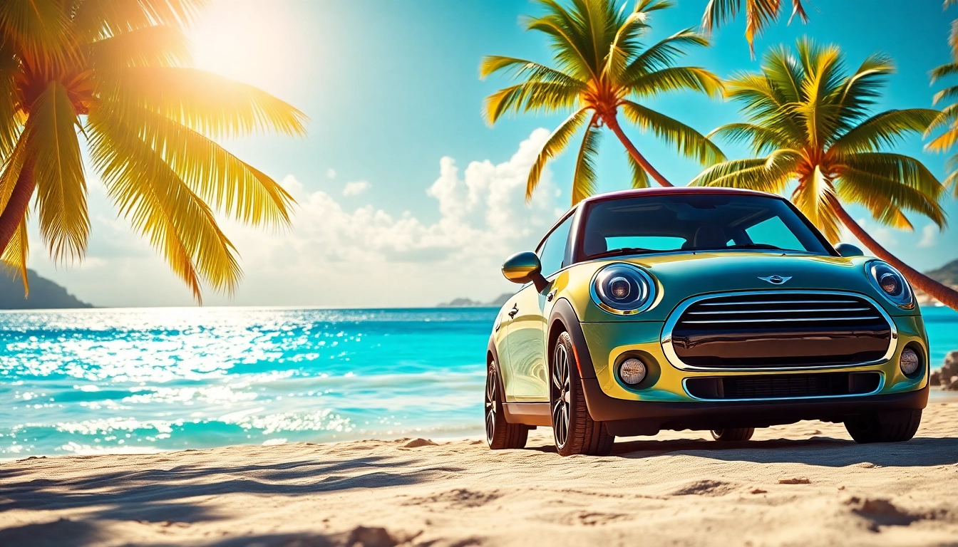Enjoy the Mini Cooper St Barts rental on a picturesque beach with lush surroundings.