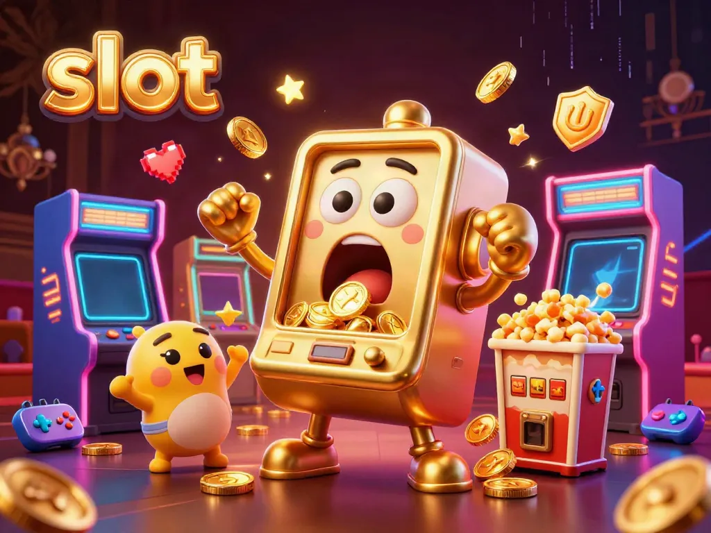 Cheering baby slot machines surround a stunned golden slot machine winning a jackpot, celebrating with coins.