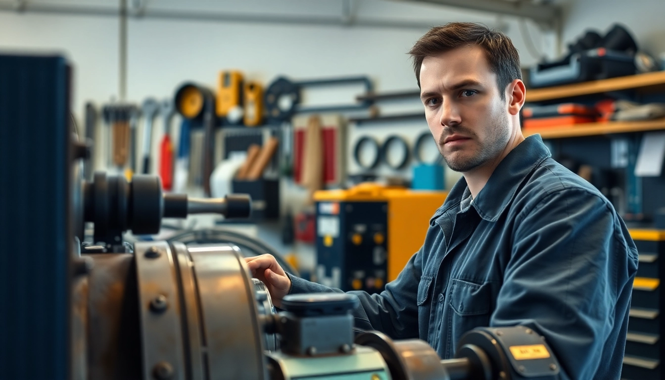 Engaging equipment service technician conducting maintenance on machinery in a bright workshop.