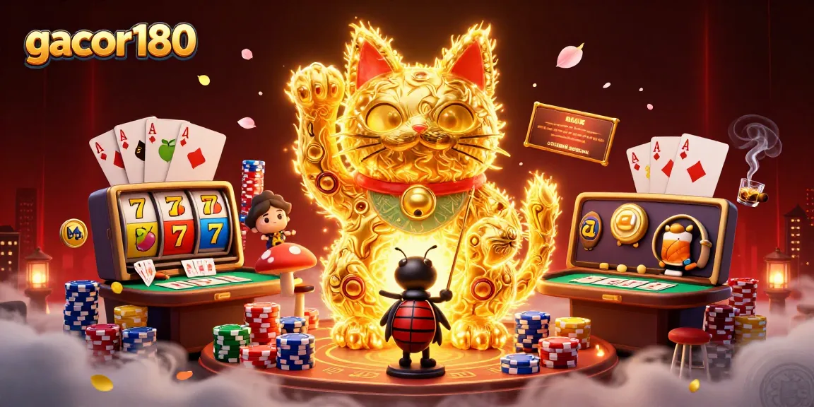 Gacor180 menghibur pemain dengan simbol kasino dari slot dan poker yang meriah.