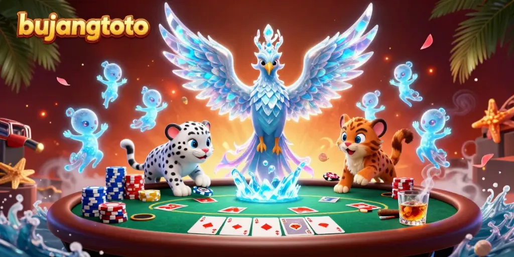Engage with bujangtoto's colorful poker scene featuring an ice phoenix and snow leopard cub.