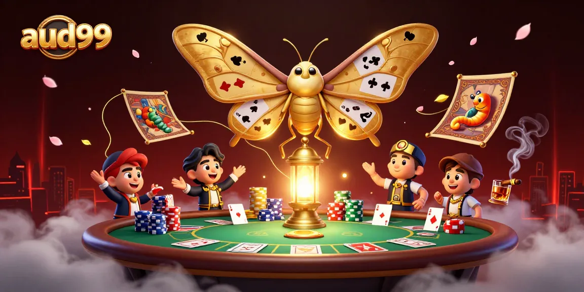 Engage with aud99 online gaming as a celestial atlas moth inspires fortune amid golden casino themes.