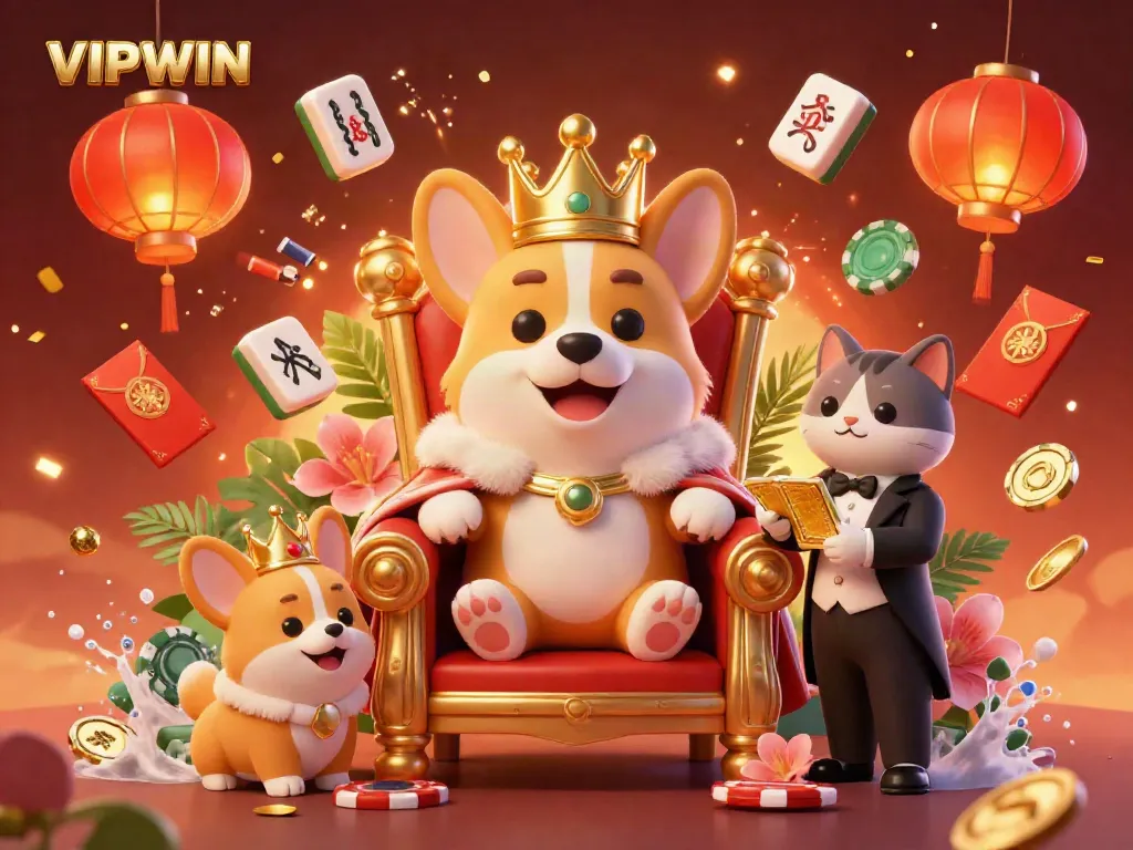 Experience the vibrant VIPWIN atmosphere with a majestic corgi and a cat butler in a dynamic gambling scene.