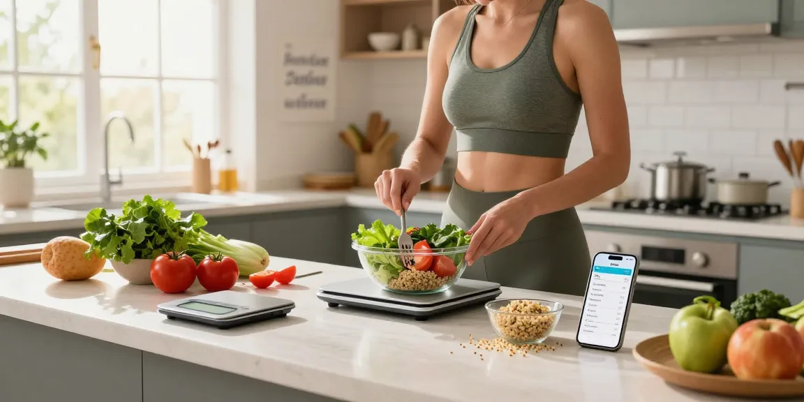 Explore the best weight loss app while preparing a healthy meal in a modern kitchen using fresh ingredients.