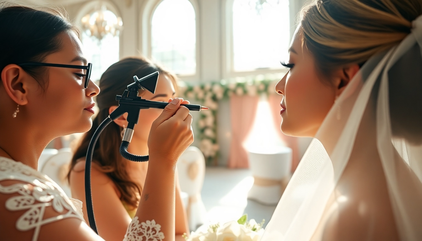 Airbrush makeup artist Dallas applying professional makeup to a bride in a bright, elegant setting.