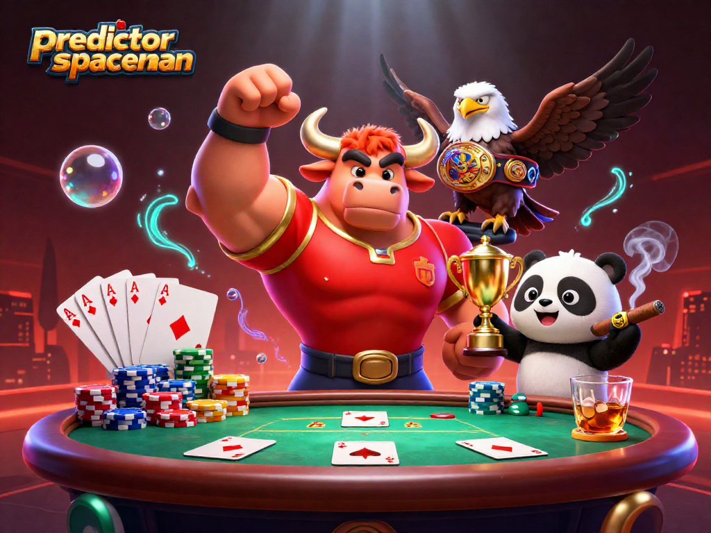Play slots with predictor spaceman, illustrated by a dynamic victory scene of mascots and casino elements.