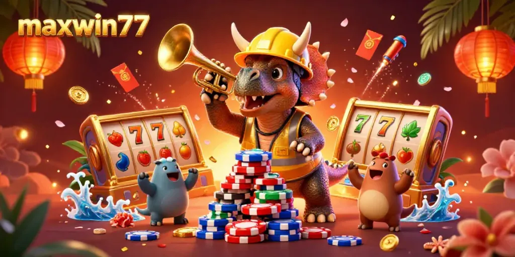 Engage with maxwin77 in a vibrant casino scene featuring animated dinosaur characters and slot game elements.