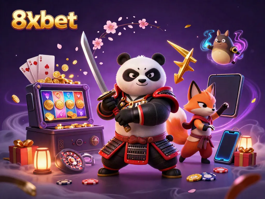 Experience the thrill of 8xbet with a vibrant 3D illustration of a samurai panda and gaming elements.