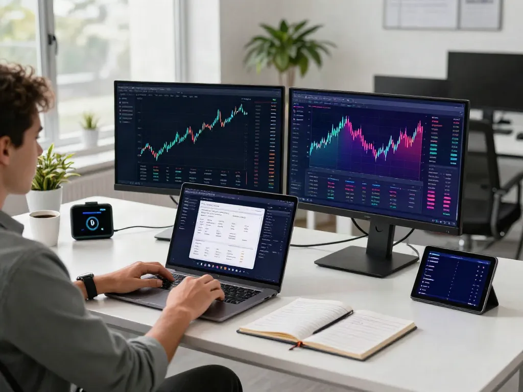 Low latency行情API in a professional cryptocurrency trading environment with multiple screens showing real-time data.