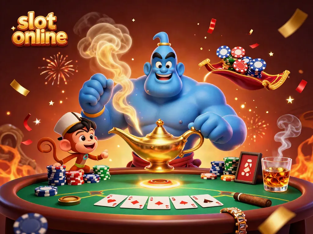 Mengambil keuntungan saat bermain slot online dengan karakter genie dan elemen kasino yang menarik.