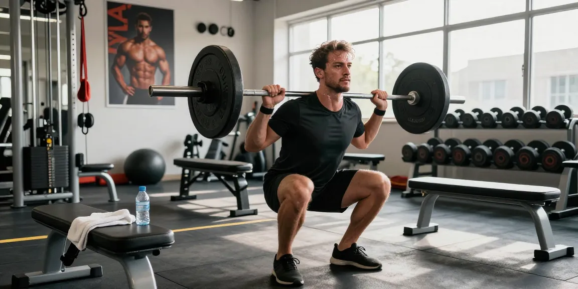 Selliza Steroids user performing weighted squats in a bright gym, showcasing strength and dedication.