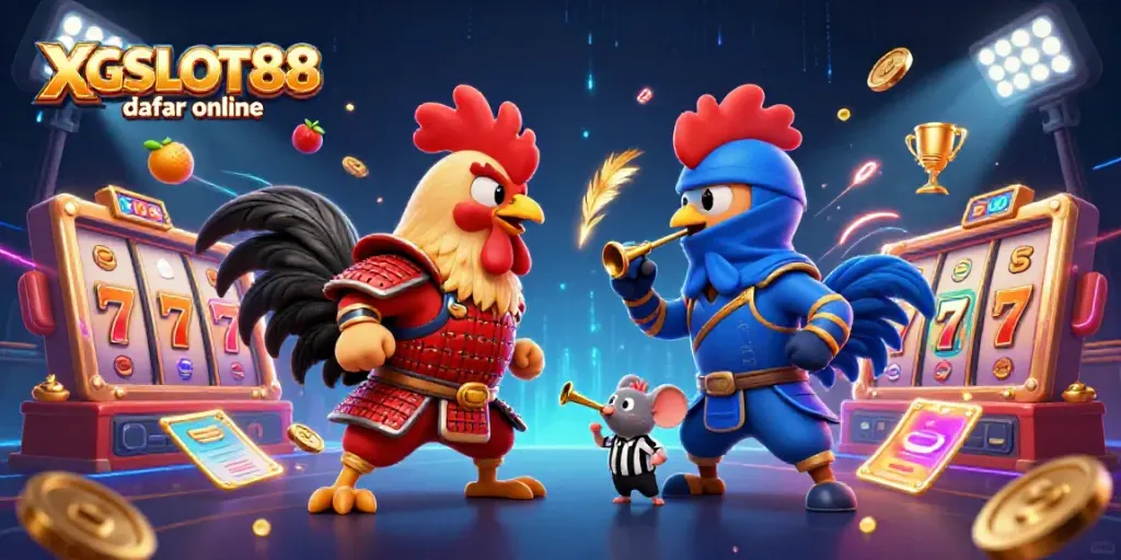 Gambarkan XGSLOT88 daftar online saat ayam laga bertarung, ditambah elemen slot yang mengasyikkan.