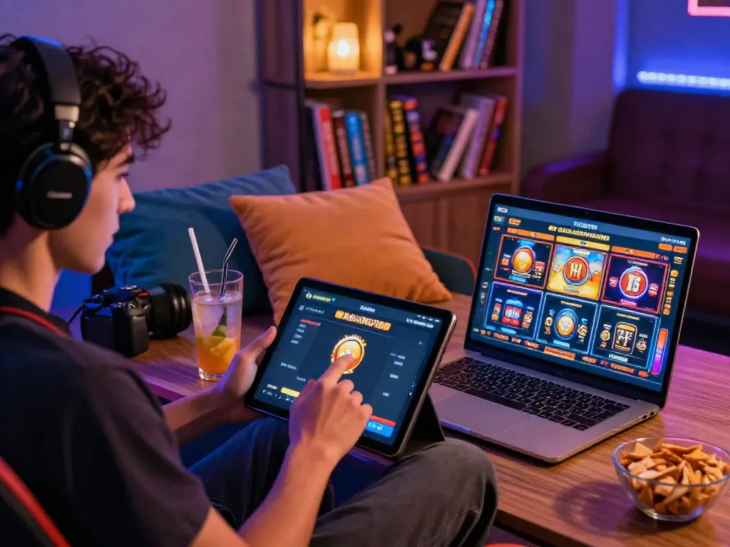 Engaging player enjoying slot gacor games on a tablet with snacks and drink in a cozy gaming nook.