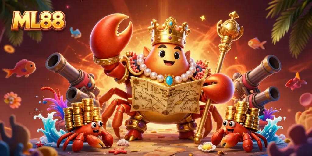 Experience the underwater adventure at ML88 with the golden crab emperor, capturing thrilling fish shooting action.