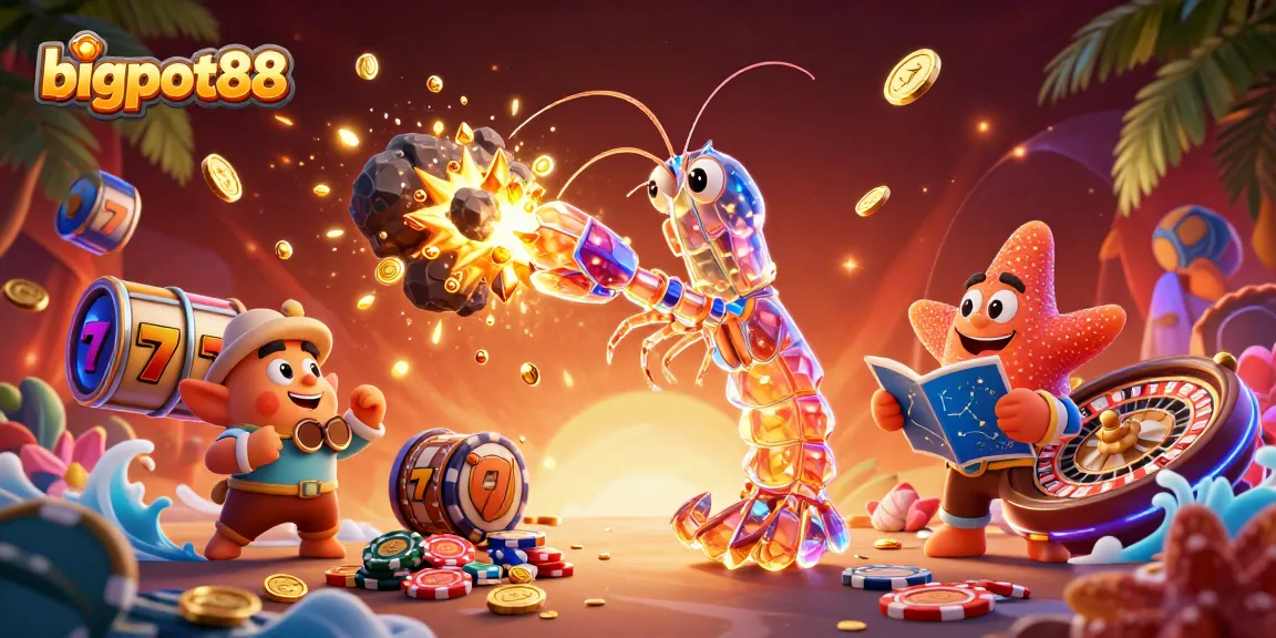 Menampilkan bigpot88 dengan galactic samurai mantis shrimp di kasino bawah laut yang kaya detail.