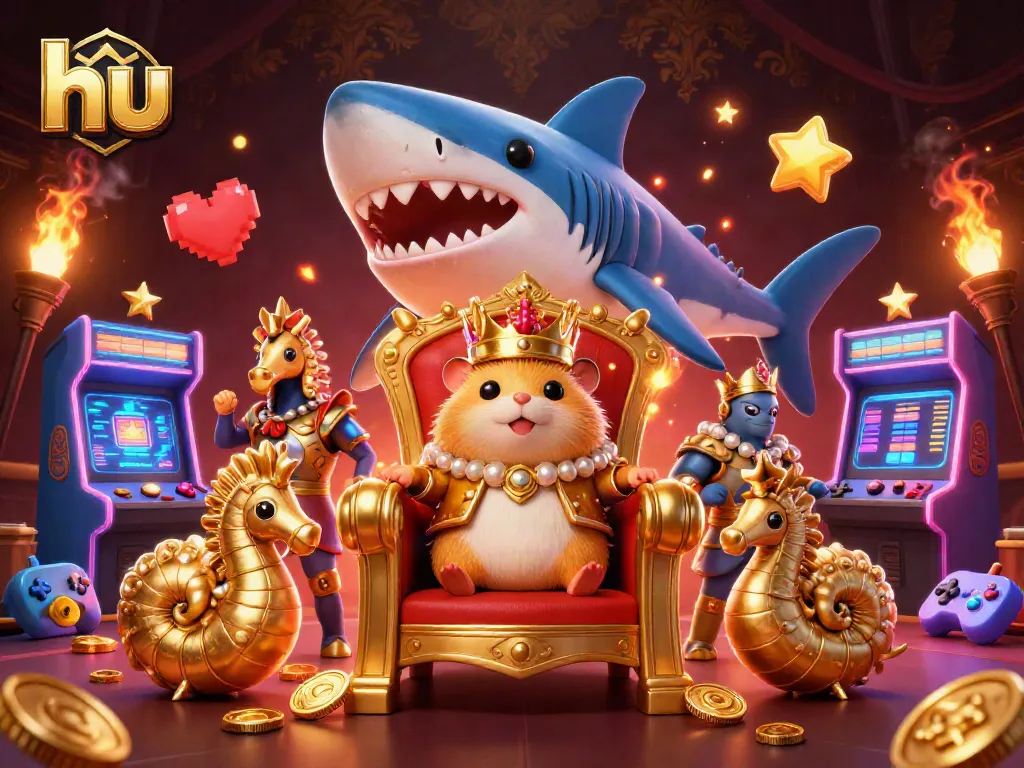 Experience the excitement at hu with a colorful scene featuring a cartoon hamster king amidst dynamic game elements.